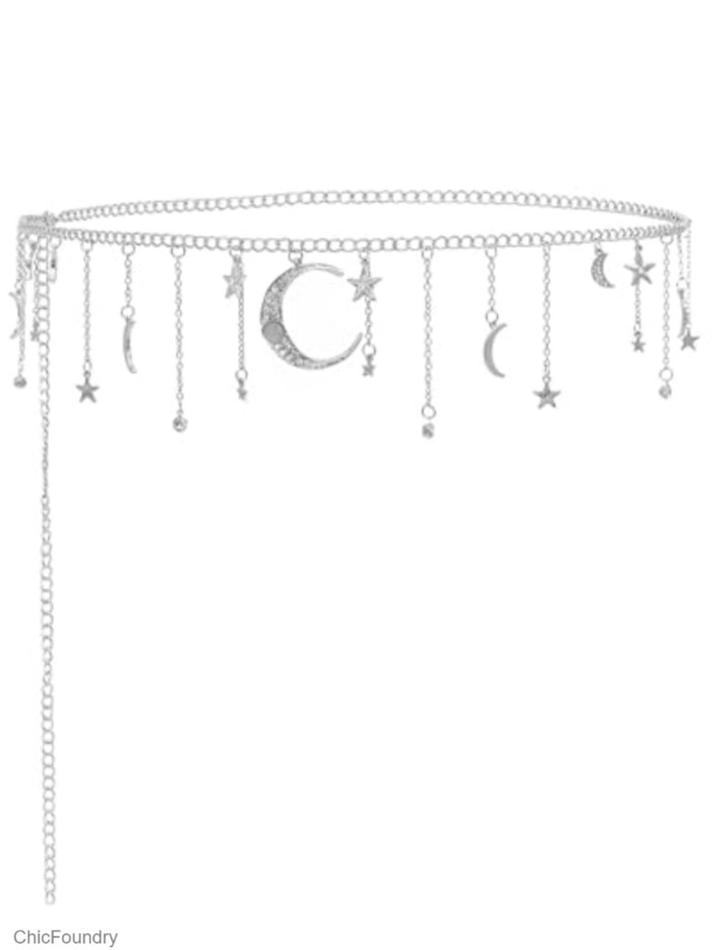 Women's Celestial Waist Chain Belt with Moon and Star Tassels, Alloy, 47.6"